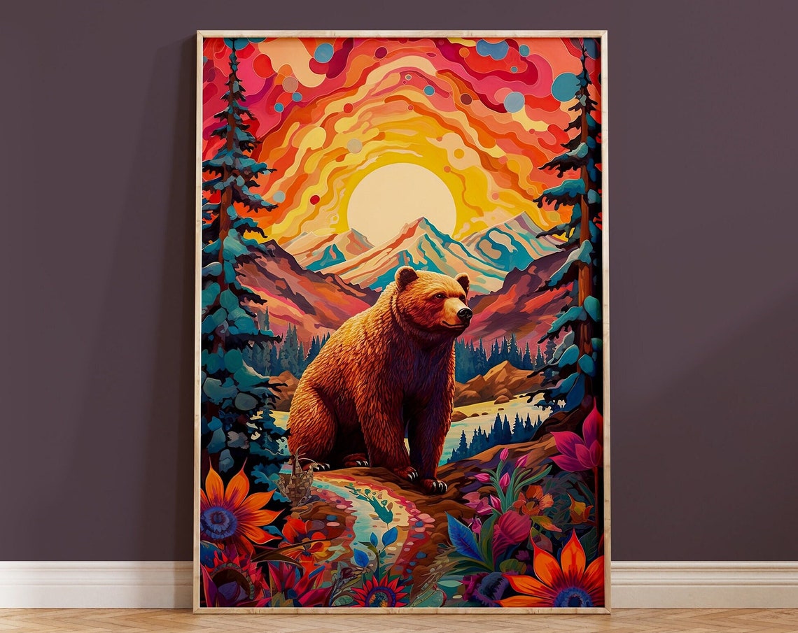 Bear Mountain Sunset Psychedelic Sky Wildflowers Wildlife Poster