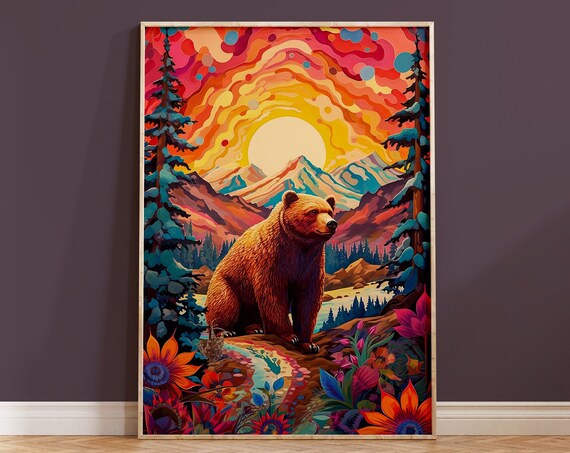 Bear Mountain Sunset Psychedelic Sky Wildflowers Wildlife Poster