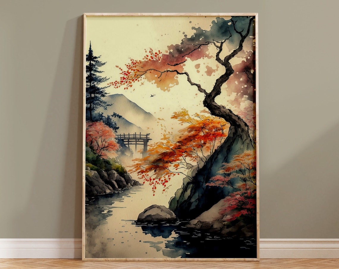 Japanese Autumn Maple Trees River Bridge Mountain View Poster