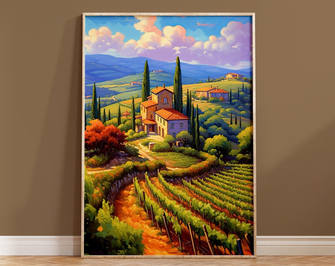 Tuscan Rolling Hills Vineyards Village Sunset Landscape Art Print