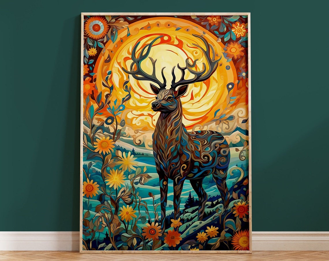 Psychedelic Stag Deer Orange Sun Floral Abstract Art Style Poster