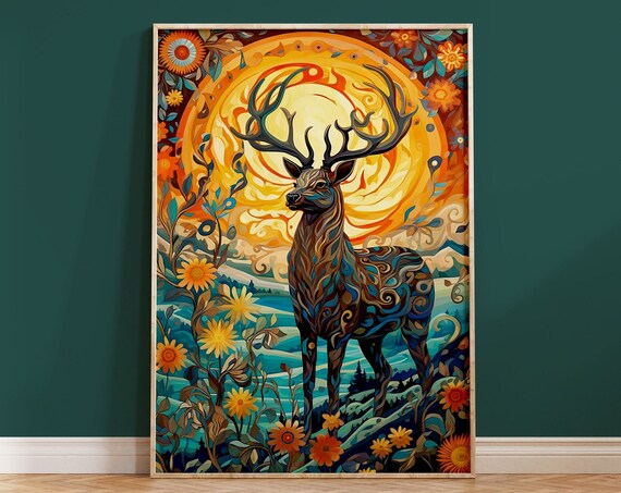 Psychedelic Stag Deer Orange Sun Floral Abstract Art Style Poster