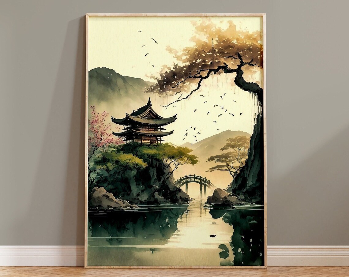 Japanese Pagoda Golden Sunset Lake Bridge Cherry Blossom Poster