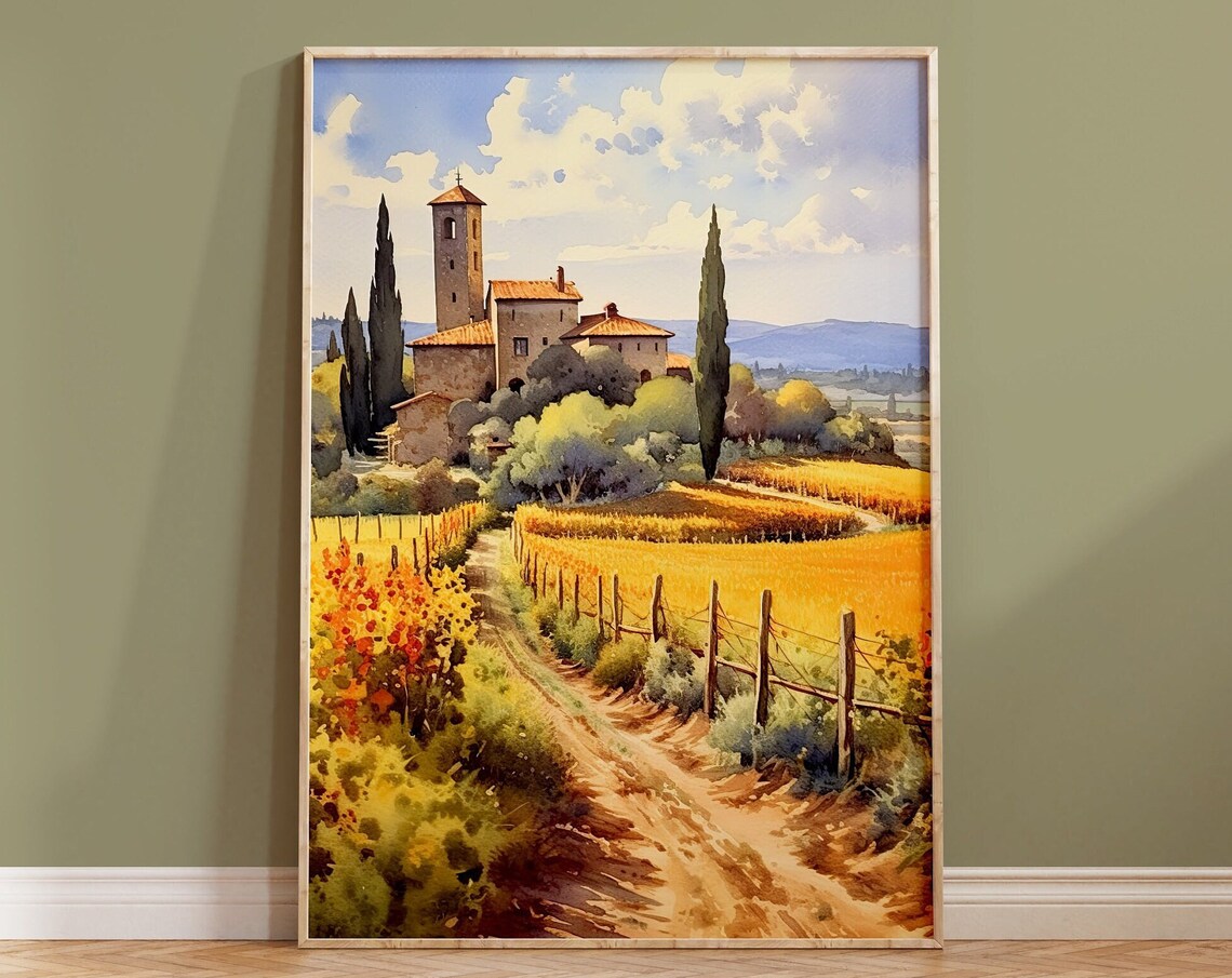 Tuscan Church Bell Tower Vineyard Watercolor Italy Landscape Poster