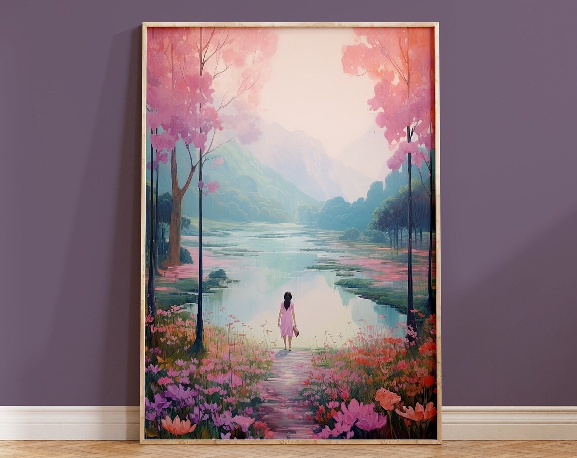 Dreamy Pastel Girl In Pink Dress By Flower Lake Summer Poster