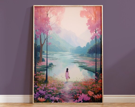Summer Painting Wall Art Print Contemporary Housewarming Gift Cute Nature Art Boho Home Decor Pink Landscape Scenery Girl Lake Dream Floral