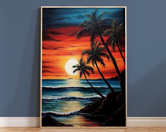 Tropical Sunset Landscape Painting Print Ocean View Wall Art Palm Tree Contemporary Housewarming Gift Nature Boho Home Decor Brushstrokes