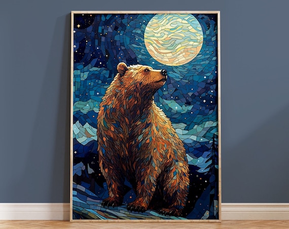 Bear Wall Art Print Blue Mosaic Collage Abstract Boho Housewarming Gift For Animal Lover Nature Painting Grizzly Brown Moon Sky Van Gogh