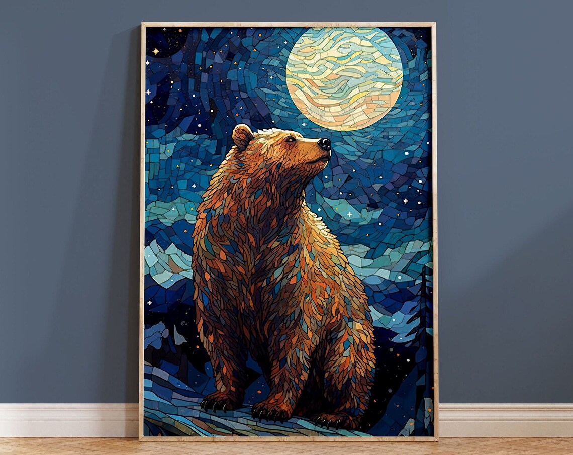 Golden Bear Gazing At Full Moon Blue Mosaic Starry Night Poster
