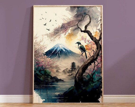 Japanese Wall Art Watercolour Print Mount Fuji Housewarming Boho Gift Japan Countryside Tokyo Nature Mountain Home Decor Painting Neutral