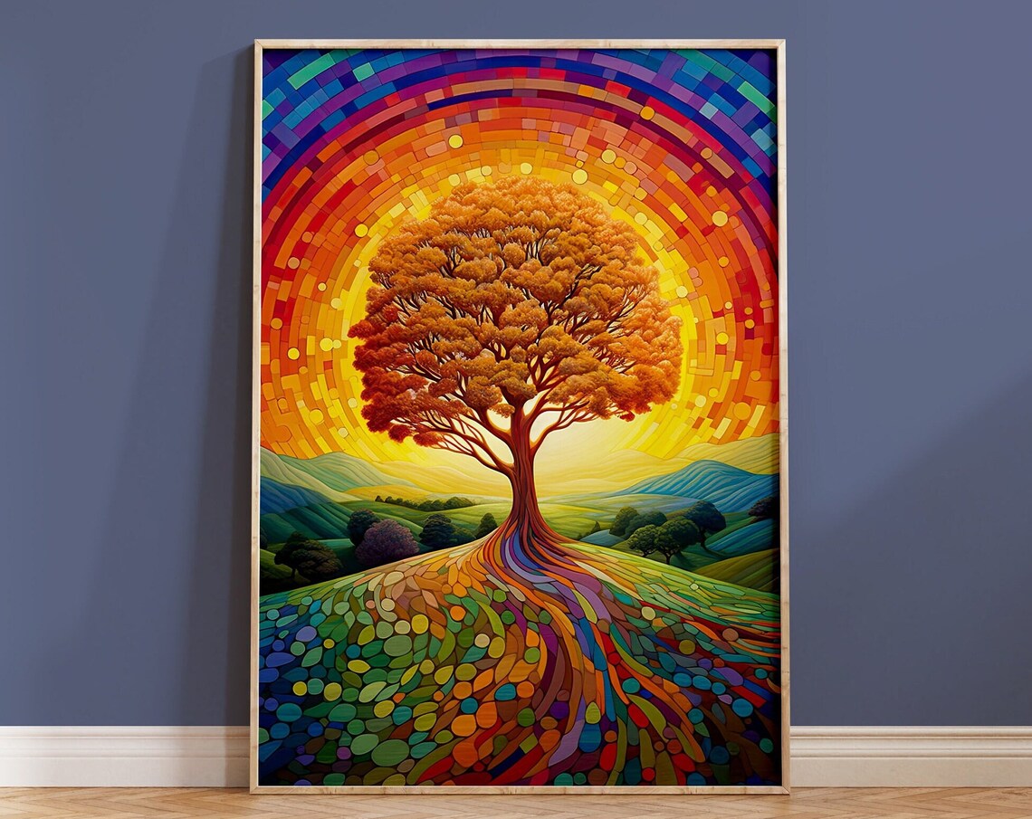 Golden Tree Rainbow Mosaic Sky Colorful Landscape Art Poster