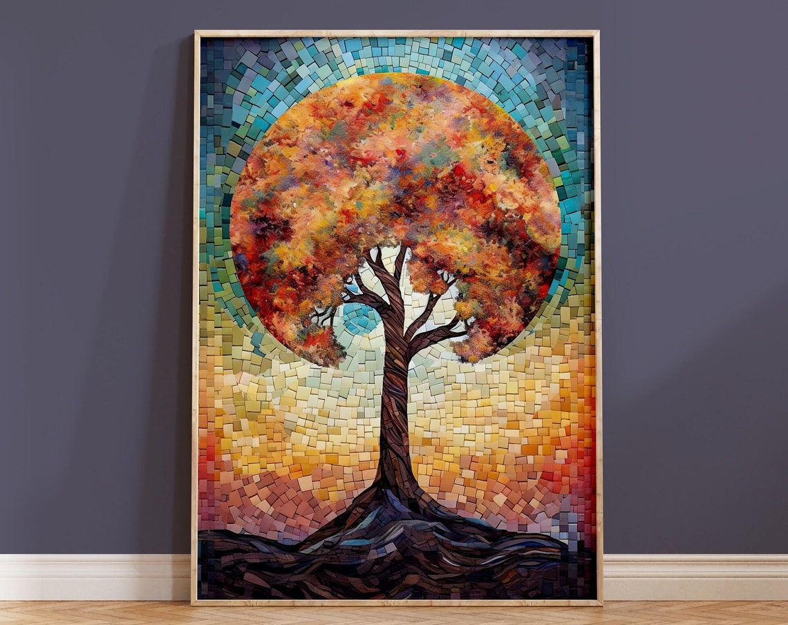 Round Canopy Mosaic Tree Teal Sky Autumn Colours Decor Poster
