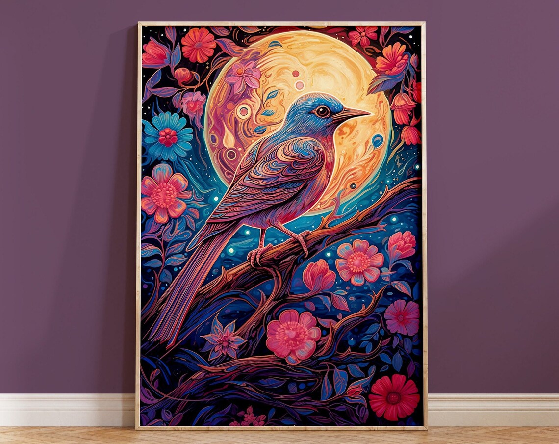 Bluebird Full Moon Night Blooms Colorful Songbird Art Poster