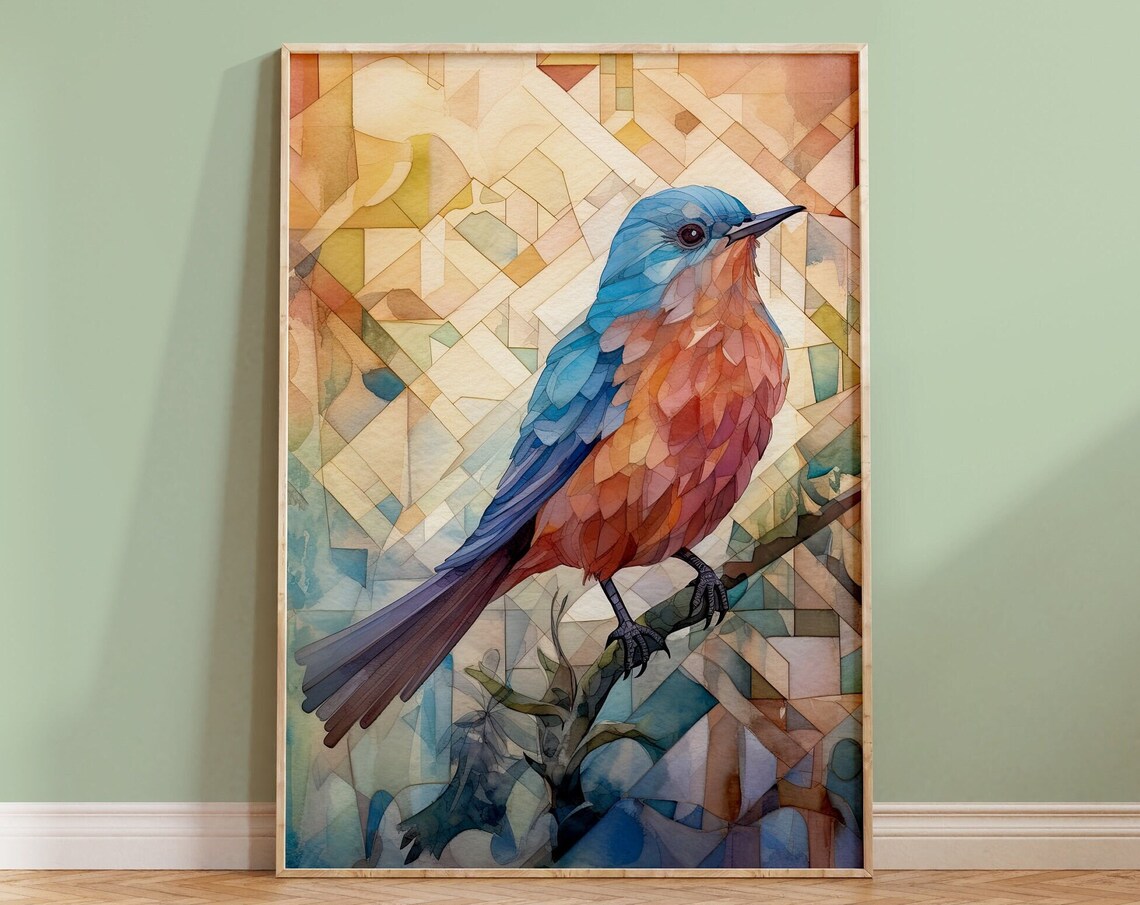 Bluebird Mosaic Watercolor Bird on Branch Geometric Nature Art Print