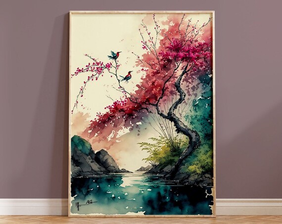 Japanese Blossom Tree Two Birds Over Water Ink Art Style Poster