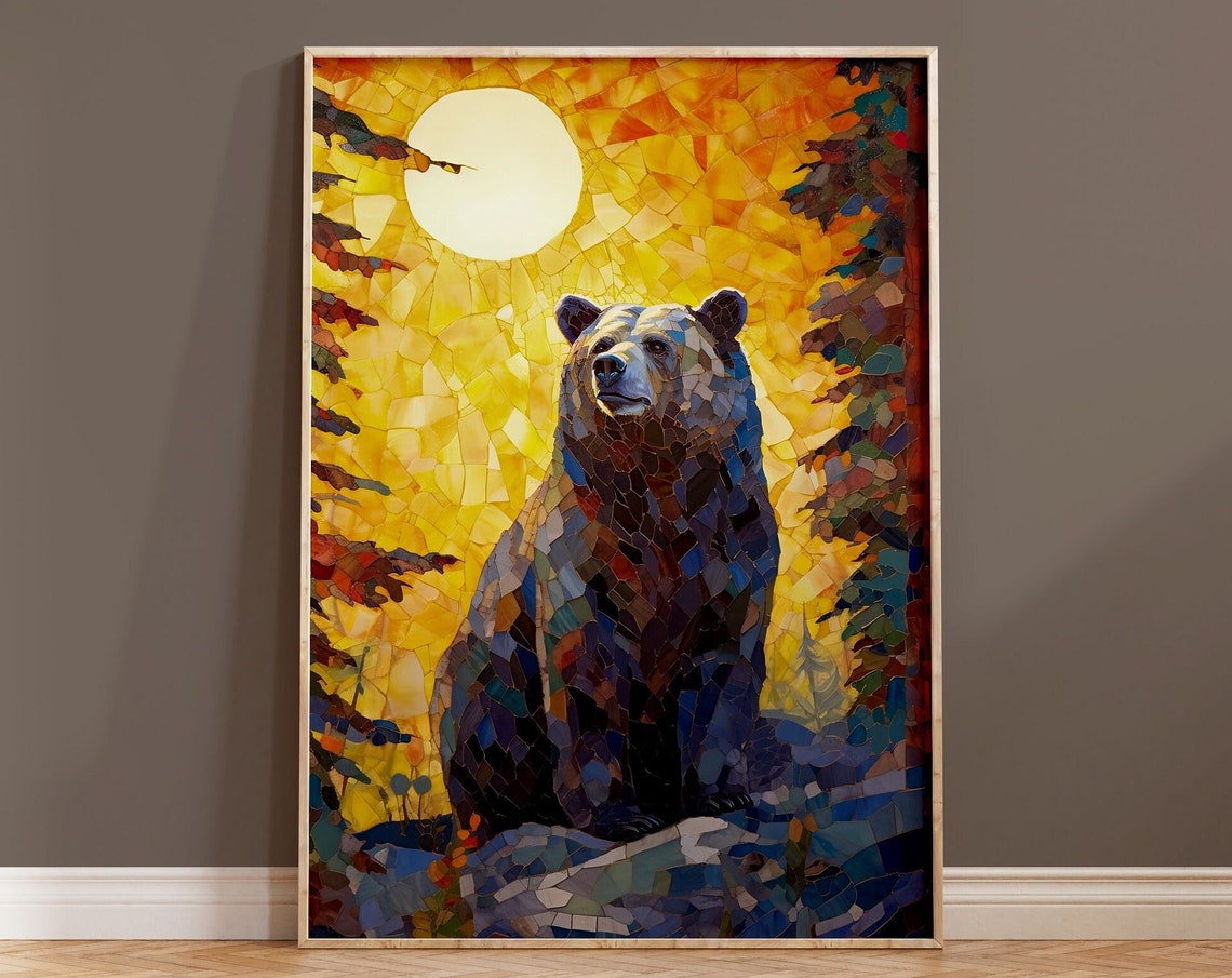 Mosaic Bear Sunset Moonlight Forest Wildlife Art Decor Poster