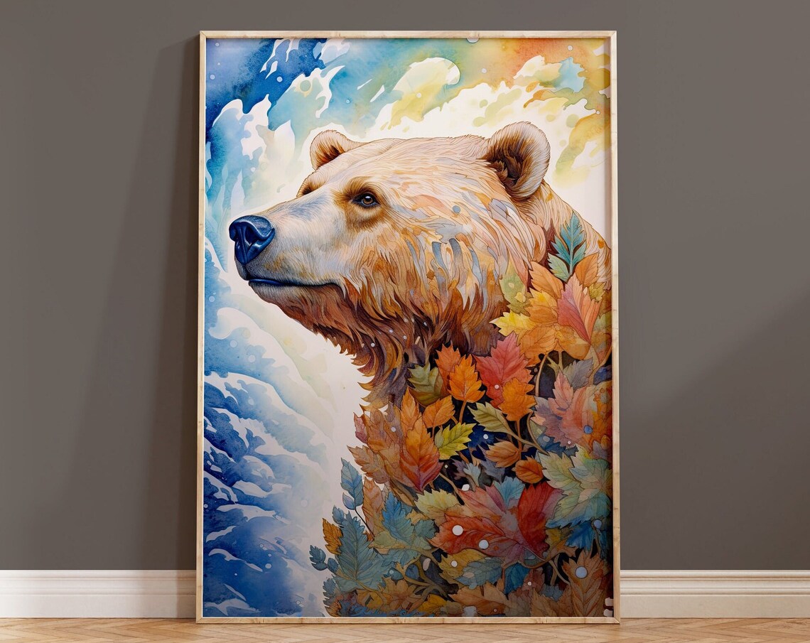 Bear Profile Autumn Leaves Watercolor Woodland Wildlife Art Print