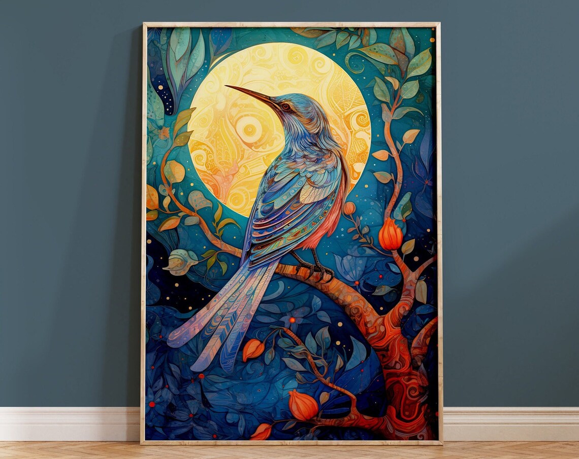 Blue Bird Full Moon Ornamental Teal Night Songbird Art Poster