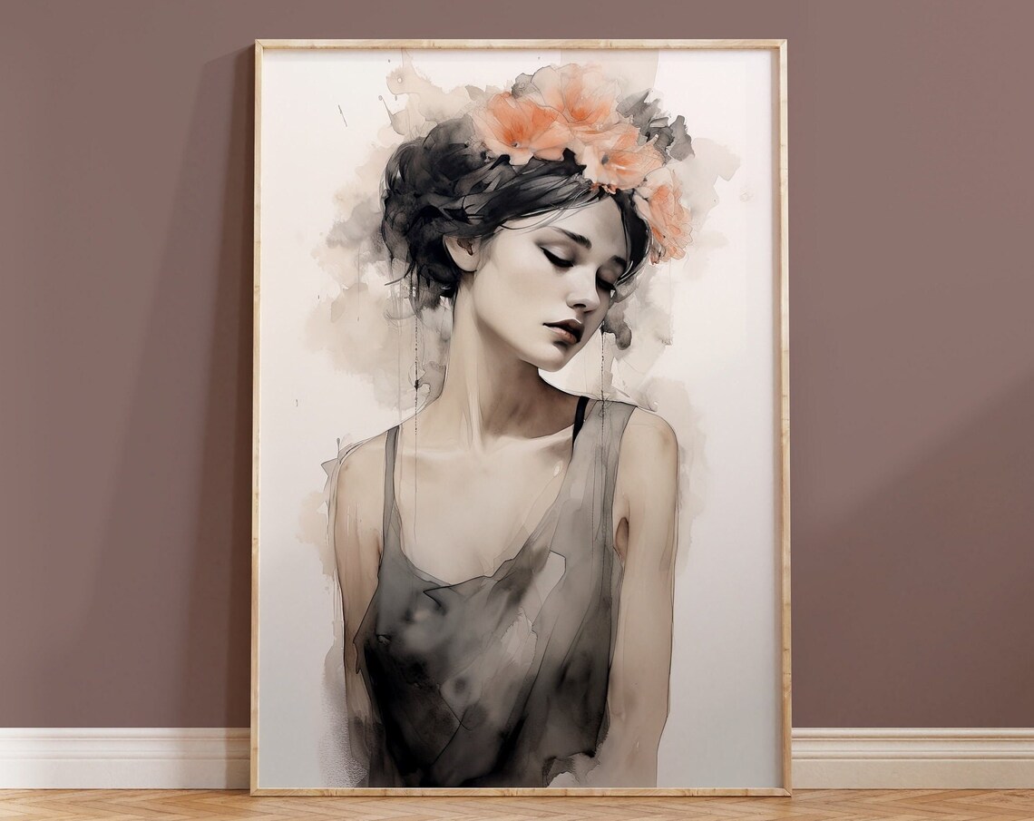 Watercolor Boho Woman Portrait With Floral Crown Soft Neutral Poster