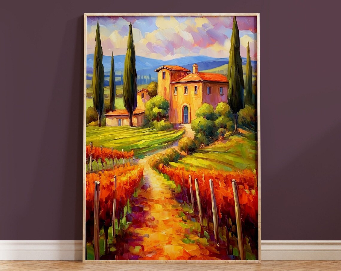 Vibrant Tuscan Villa Cypress Orange Vineyard Oil Style Art Print