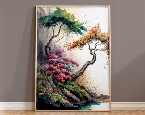 Japanese Cherry Blossom Cliff Trees Ink Wash Watercolor Art Poster