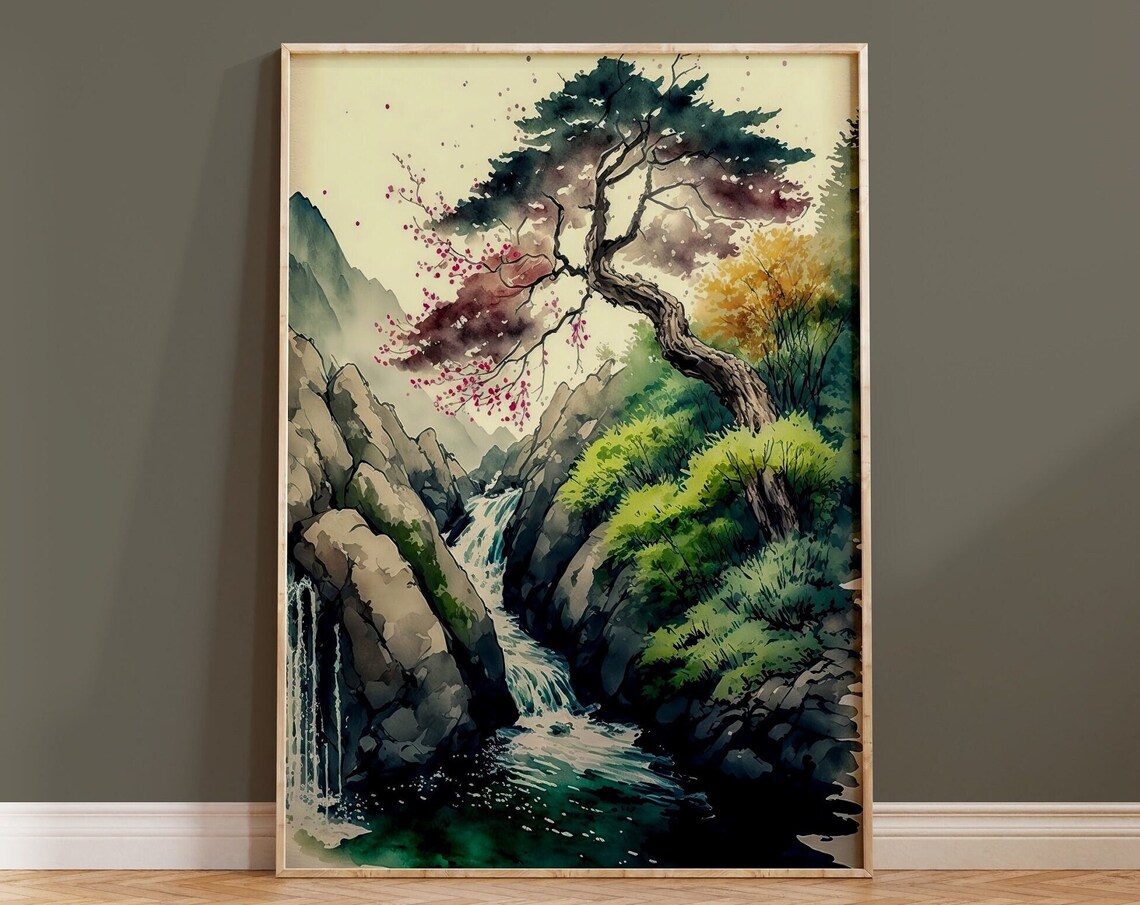 Japanese Waterfall Rocky Gorge Pine Cherry Blossom Art Poster