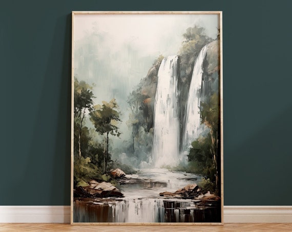 Waterfall Landscape Painting Print Serene Wall Art Contemporary Housewarming Gift Nature Art Boho Home Decor Neutral Scenery Brushstrokes