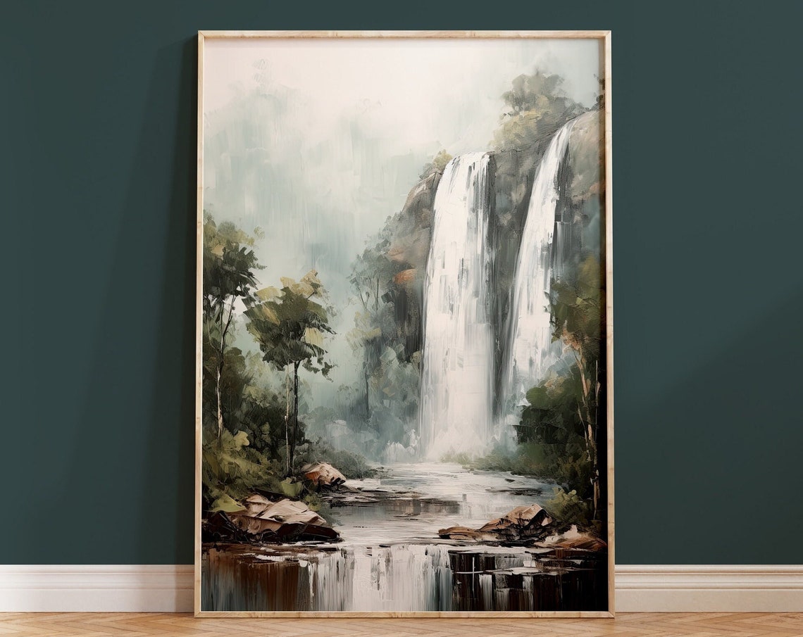 Misty Forest Waterfall Serene Muted Green Nature Painting Art Print