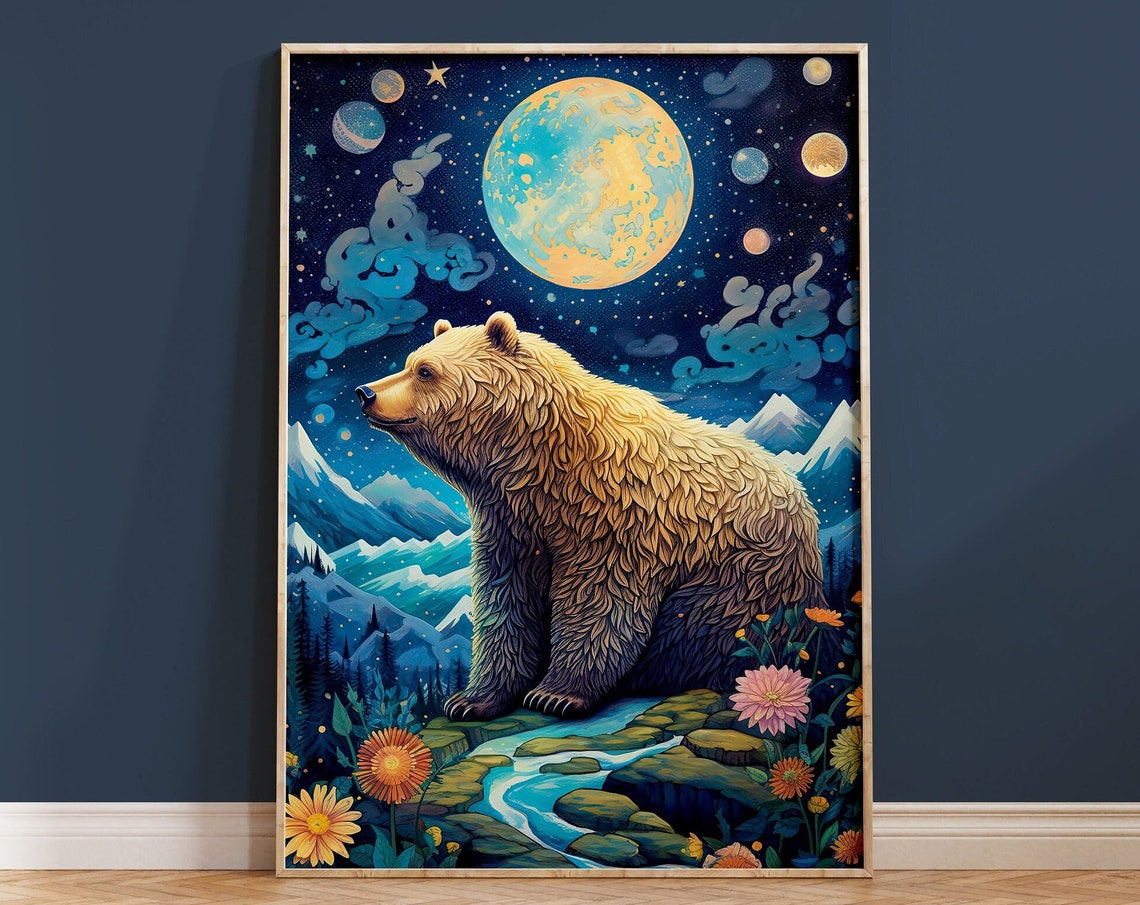 Bear Under Cosmic Night Sky Moon Planets Flowers Dreamscape Poster