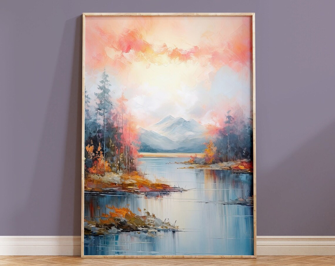 Pink Sunset Mountain Lake Pastel Watercolour Serene View Poster
