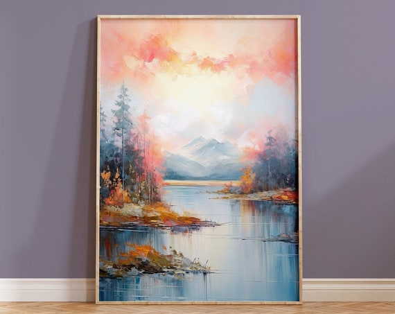 Landscape Painting Print Serene Wall Art Contemporary Housewarming Gift Nature Art Boho Lake Home Decor Neutral Pink Scenery Brushstrokes