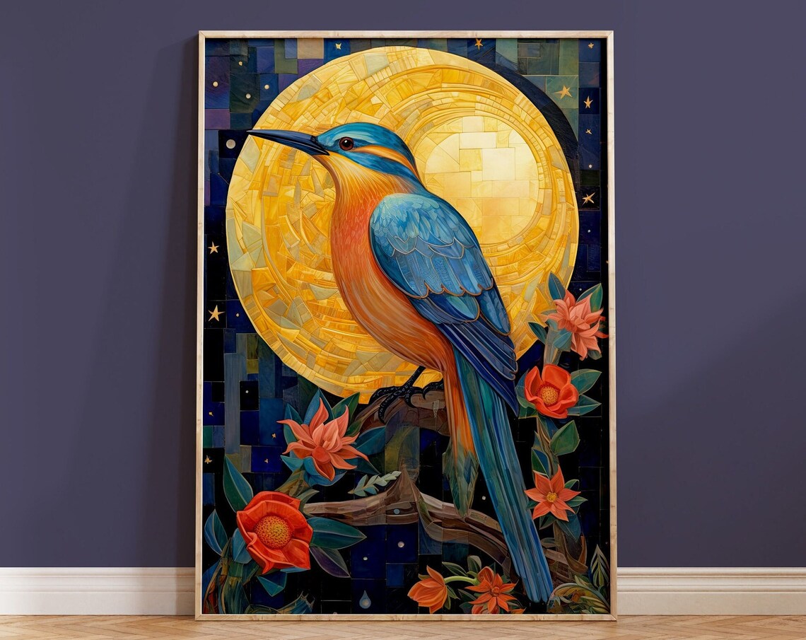 Kingfisher Bird Mosaic Golden Sun Night Sky Flowers Art Poster
