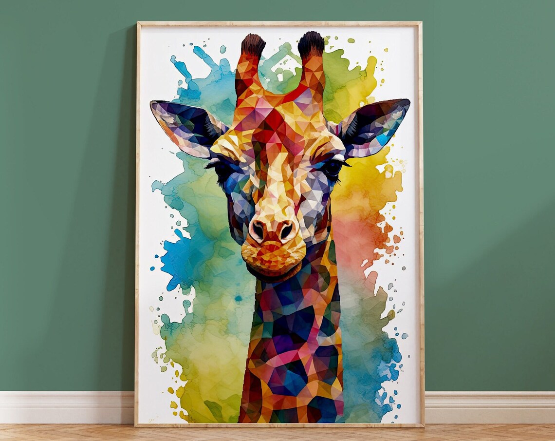 Geometric Rainbow Giraffe Watercolour Splash Kids Animal Poster