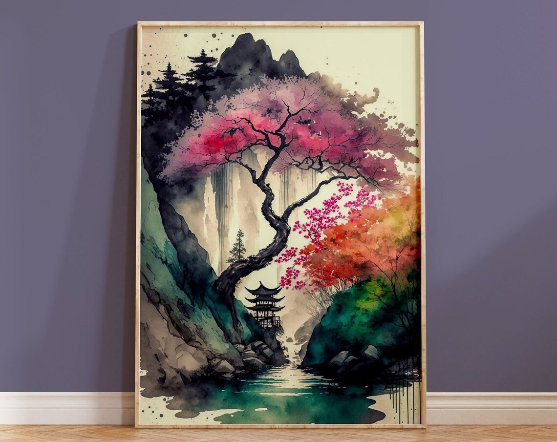 Japanese Cherry Blossom Tree River Pagoda Mountain Scene Poster