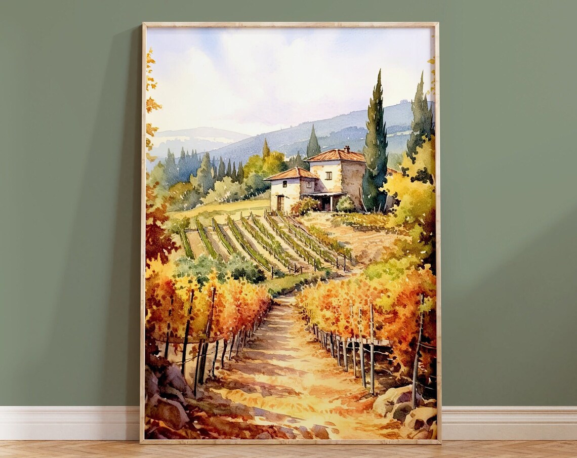 Tuscan Vineyard Path Farmhouse Autumn Watercolor Landscape Poster