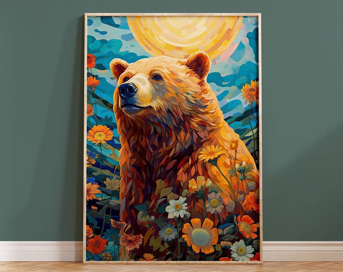 Bear Among Wildflowers Mosaic Sunset Wildlife Art Style Poster