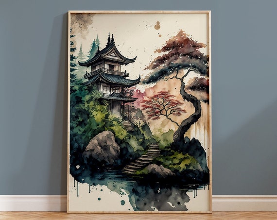 Japanese Wall Art Print Watercolour Boho Housewarming Gift Pagoda Neutral Green Landscape Tree Nature Home Decor Japan Painting River Serene