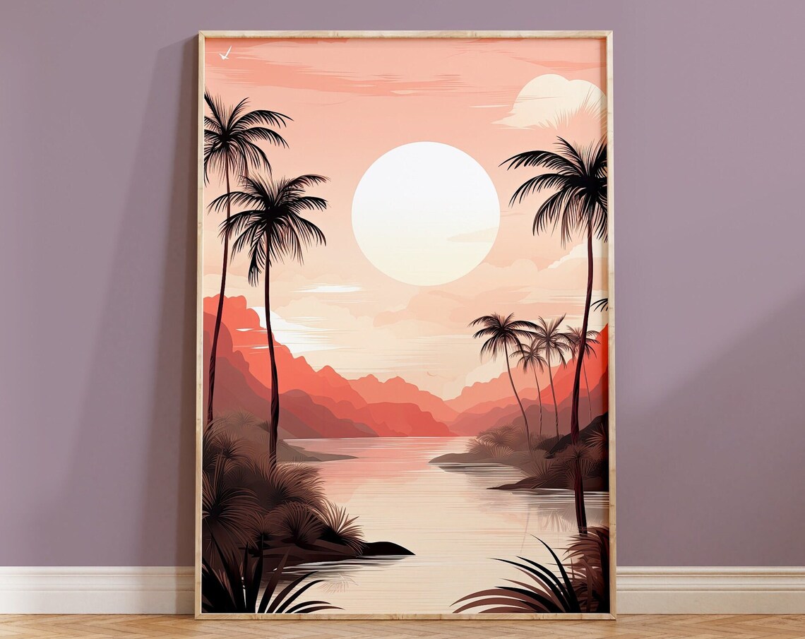 Tropical Wall Art Print Ocean View Pink Home Decor Beach Sea Waves Paradise Contemporary Housewarming Boho Gift Original Sunset Vector Style