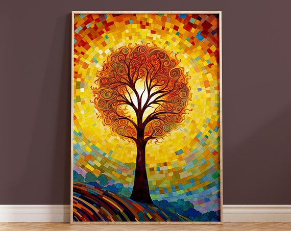 Tree Rainbow Collage Art Nouveau Print Abstract Mosaic Nature Wall Decor Colourful Kids Room Gift Swirls Vibrant Landscape Bright Sunshine