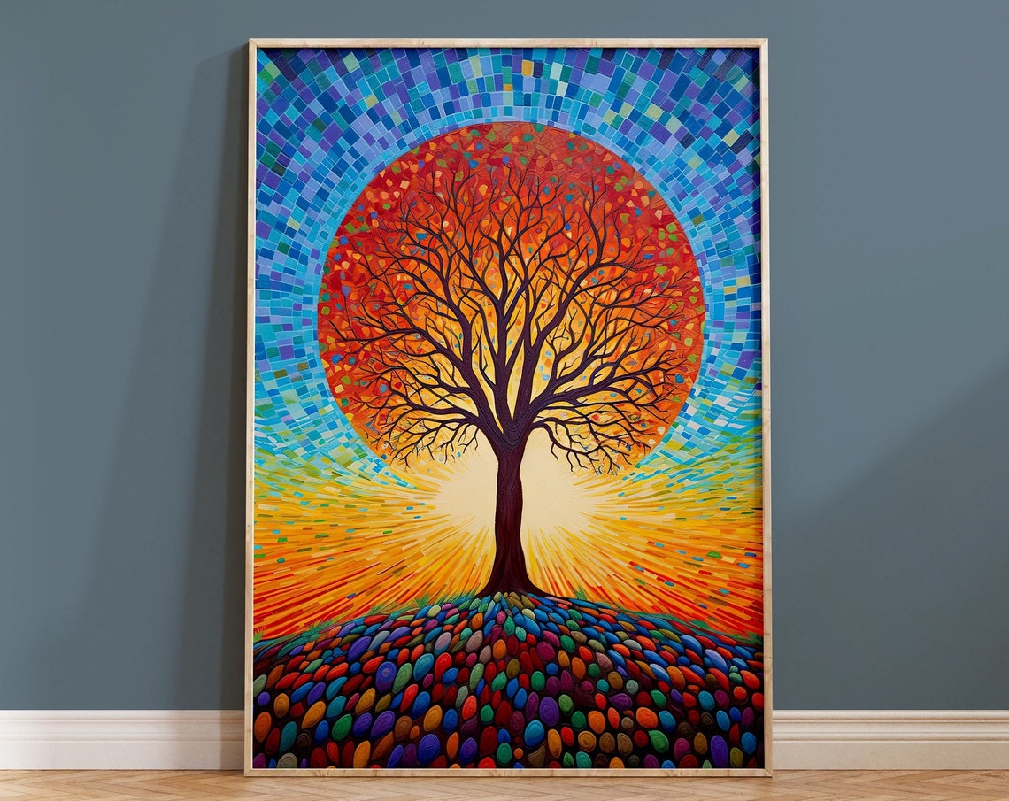Mosaic Tree Red Sun Disc Blue Sky Colorful Nature Art Poster