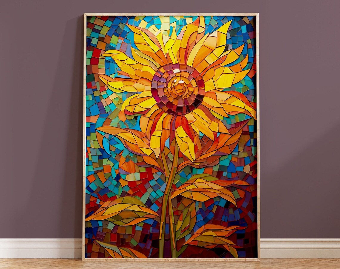 Mosaic Sunflower Vibrant Stained Glass Floral Garden Art Poster