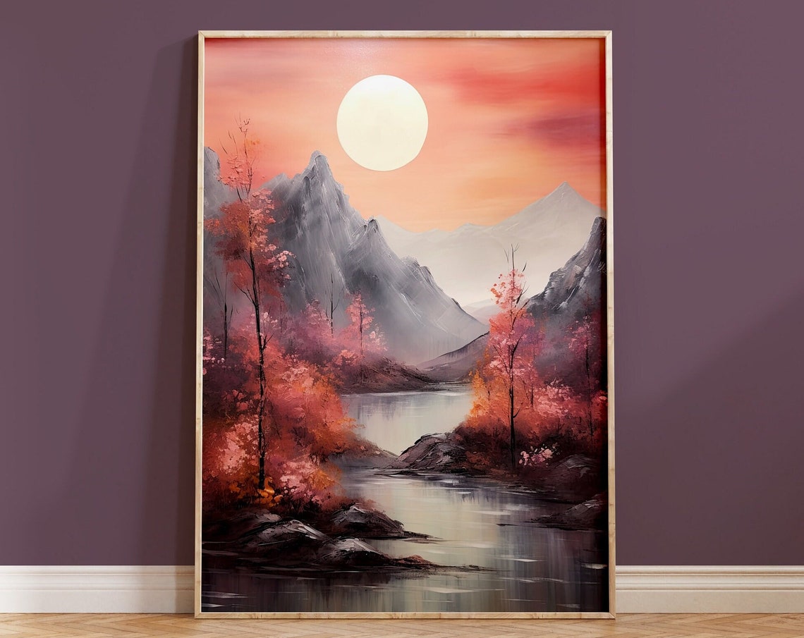 Crimson Sunset Over Tranquil Mountain Lake Pink Sky Landscape Poster