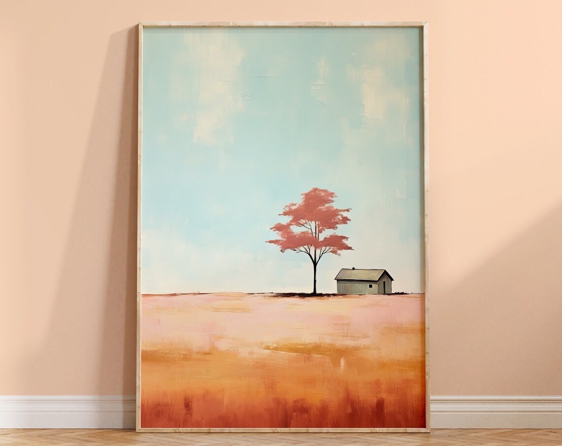 Red Tree And Farmhouse In Golden Field Minimalist Autumn Poster