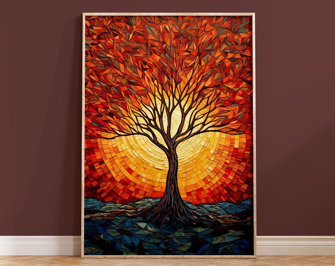 Red Tree of Life Mosaic Sunset Stained Glass Style Art Print