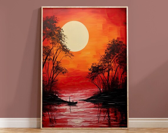 Red Wall Art Print Tropical Sunset Landscape Painting Ocean View Orange Contemporary Housewarming Gift Nature Boho Home Decor Brushstrokes