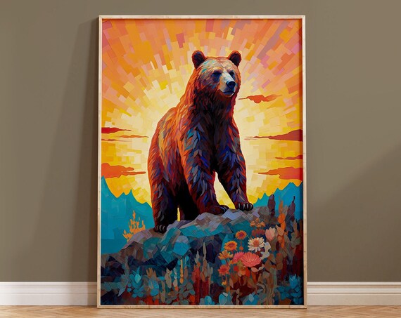 Mosaic Bear Standing Rocky Sunset Wildflowers Colourful Art Poster