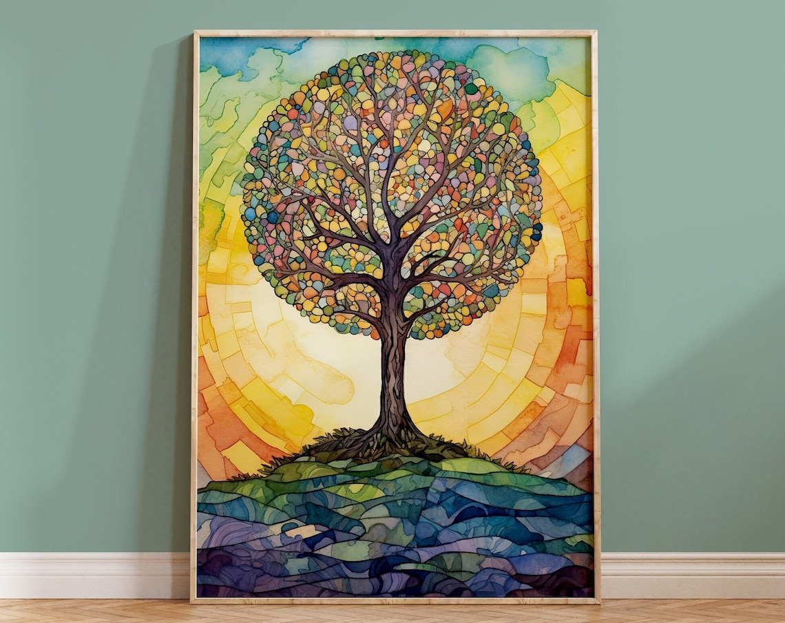 Bright Colourful Mosaic Tree of Life Round Canopy Sunshine Poster