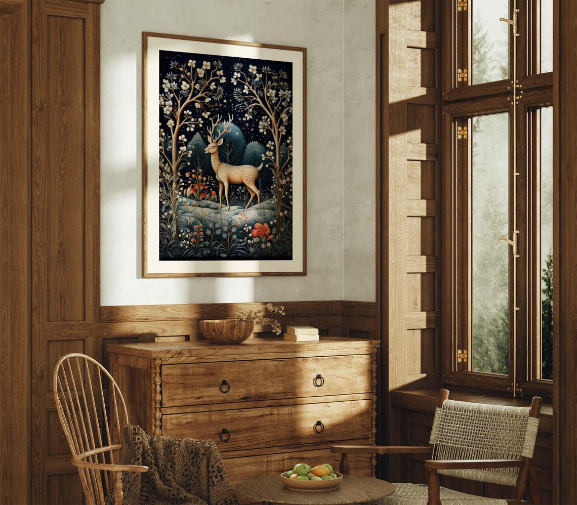 Golden Deer In A Winter Forest William Morris Style Christmas Poster - Image 2