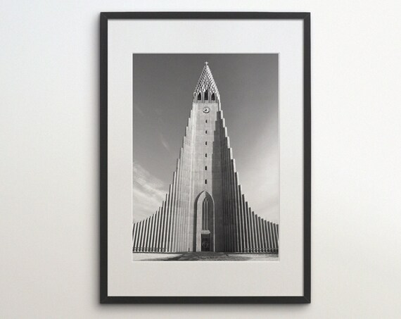 Iceland Reykjavik Church Travel Poster, Black White