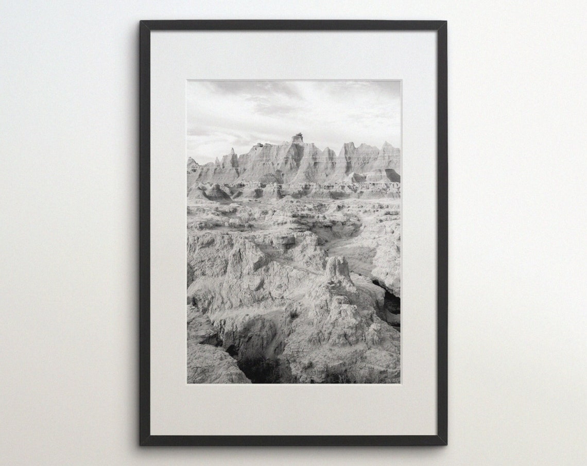 Badlands National Park South Dakota United States Instant Black White Photography Travel Poster Usa Art Print Pinnacles
